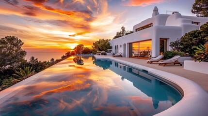 A white villa's pool reflecting the fiery colors of sunset, with a garden that looks like a painted canvas of nature's best
