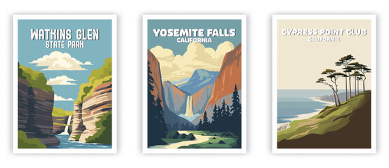 Watkins Glen, Yosemitte Falls, Cypress Point Club Illustration Art. Travel Poster Wall Art. Minimalist Vector art