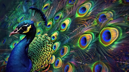 Enchanting Peacock Feathers. Vibrant Colors and Intricate Patterns in Digital Art Style.