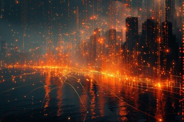 Fototapeta premium Digital Cityscape with Glowing Neon Lights