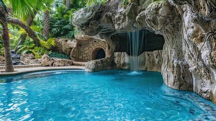 Luxurious pool area with a hidden cave-like spa behind a waterfall feature