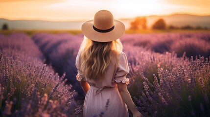 Happy woman walking through in lavender flower filed