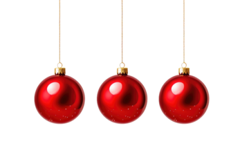 Trio of Crimson Baubles Suspended in Mid-Air on White or PNG Transparent Background.