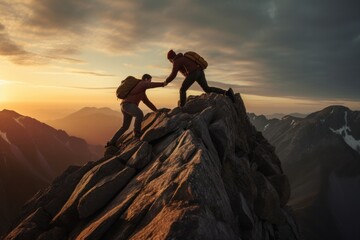 Climbers helping each other climb rocks at sunset on the mountain.Helps and team work concept