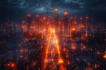 Fototapeta premium Digital Cityscape with Glowing Neon Lights