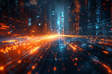 Fototapeta premium Digital Cityscape with Glowing Neon Lights