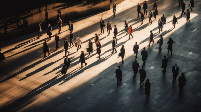 business people commuting to work in the morning or from the office in the evening on foot.