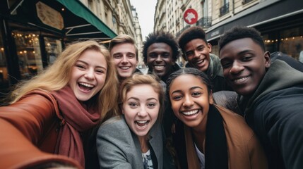 Fototapeta premium Multiethnic group of friends taking selfie on city street Various people having fun outdoors in Paris