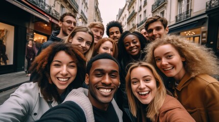 Multiethnic group of friends taking selfie on city street Various people having fun outdoors in Paris