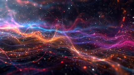 A dynamic digital matrix of colorful threads weaving through a dark virtual space.