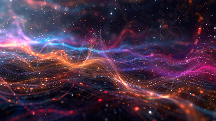 Fototapeta premium A dynamic digital matrix of colorful threads weaving through a dark virtual space.