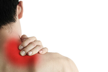 men have neck pain, shoulder pain, on white background. health concept.