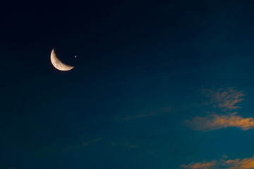 Background of half moon and starry sky and sunset Greeting card for the holy month of Ramadan of islam	