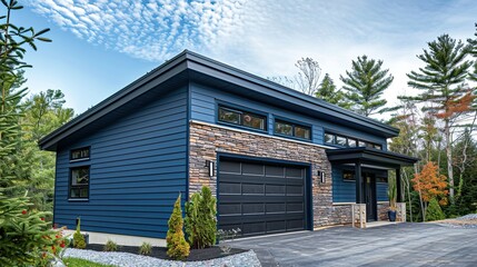 The bold blue siding and stone trim of a modern garage standing out against a backdrop of evergreens
