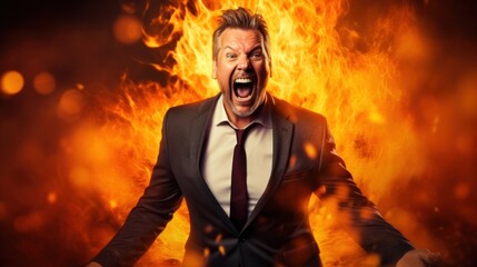 overjoyed middle aged businessman screaming and shouting gesturing excitement or anger over fire double exposure background.