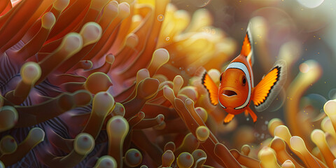 a close up clownfish swimming in anemones, generative AI