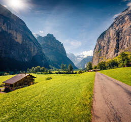 Exciting summer view of Lauterbrunnen village. Wonderful outdoor scene in Swiss Alps, Bernese...