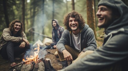 young man camping with friends in woods. People camping outdoors