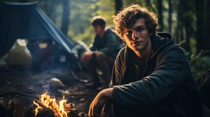 young man camping with friends in woods. People camping outdoors
