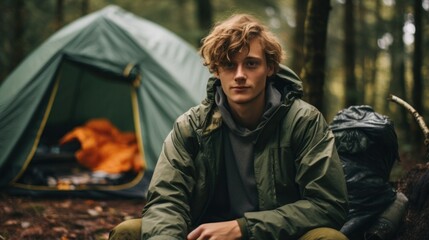 young man camping with friends in woods. People camping outdoors