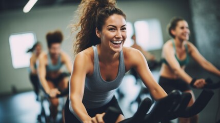 sporty girl riding indoor stationary bike during cycling class with her female friends in cycling studio.