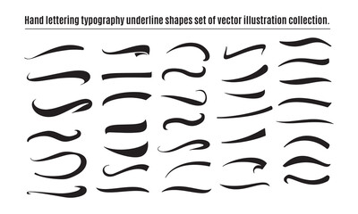 Hand lettering typography underline shapes set of vector illustration. Collection of black decorative pen lines and strokes. Vector illustration.