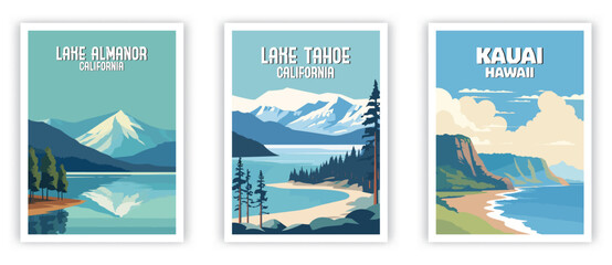 Lake Alamanor, Lake Tahoe, Kauai Illustration Art. Travel Poster Wall Art. Minimalist Vector art