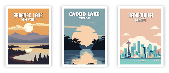 Saranac Lake, Caddo Lake, Vancouver Illustration Art. Travel Poster Wall Art. Minimalist Vector art