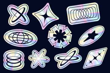 Y2K stickers with hologram gradient. Retro foil labels set with rainbow silver texture. 2000s metal vector realistic stamps. Iridescent elements collection. Neon trendy symbols.