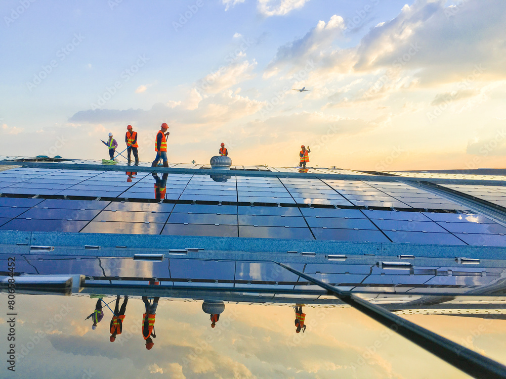 Wall mural Clean the solar panels installed on the roof.