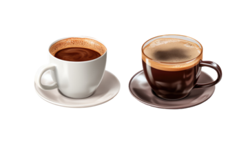 Exquisite Elixirs: Two Cups of Coffee on a Delicate Saucer on White or PNG Transparent Background.