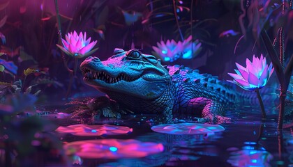 A cyberpunk alligator camouflaged in a neon swamp, using bioluminescent lilies for stealth