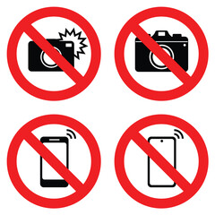 camera flash take photo and smartphone use prohibition sign