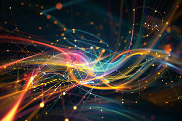 A network of abstract digital connections illuminated by colorful, flowing lines against a stark backdrop.
