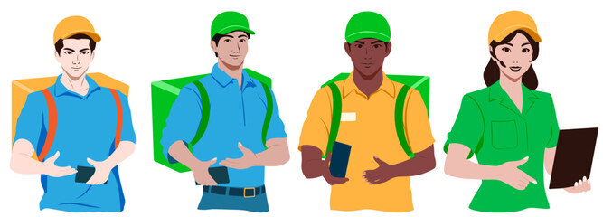 Set of couriers and call center operators, men and women, wearing colored shirts and caps, with tablet in their hands or a backpack on their back. Flat design illustration.