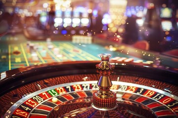 A dynamic photo capturing the suspenseful moment a roulette ball is about to land, with a crowd watching eagerly, colorful betting chips scattered across the table, in a brightly lit casino
