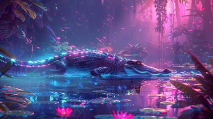 A cyberpunk alligator s glowing tail splashes through the neon swamp waters, surrounded by shimmering lilies