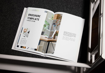 Mockup of open A4 magazine with customized pages, flash