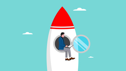 working on business startup with businessman working using a laptop while sitting on a rocket, launching a new business or product, startup project development concept vector illustration