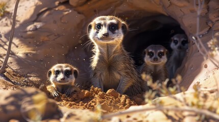 A family of meerkats building tunnels and popping up to look around their desert habitat