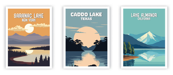 Saranac Lake, Caddo Lake, Lake Almanor Illustration Art. Travel Poster Wall Art. Minimalist Vector art