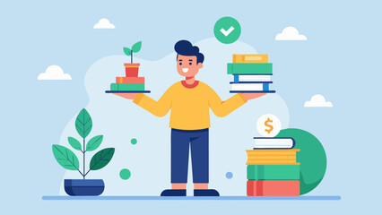 A graphic of a person balancing a stack of books and a stack of bills with the caption Finding Balance Mental Health Resources for Financially. Vector illustration