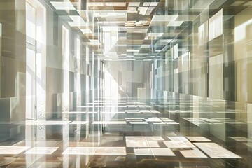 A floating grid of rectangles and squares over a mirrored floor, emphasizing perspective and depth