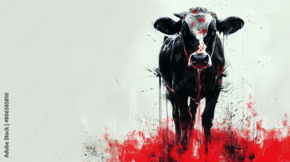 Poster striking image of a cow with a blend of red and white splatter effects on a light background