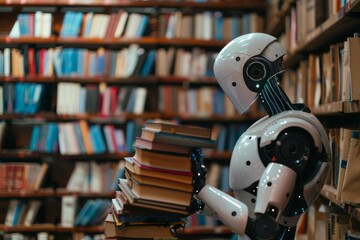 Fototapeta premium A futuristic robot librarian stacking books in perfect order, highlighting the role of AI in education