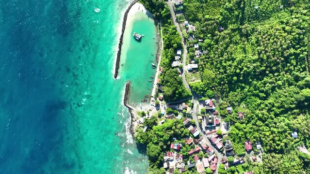 Panning aerial, coastline scenery, secluded destination, vertical view
