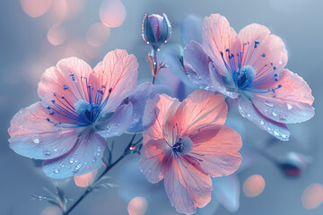 3D rendering of pink and blue flowers with dewdrops on their petals, with a blurred background creating a dreamy effect with boke. Created with Ai
