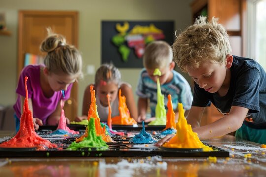 A group of children transforming their garage into a science lab, experimenting with colorful baking soda volcanoes - Powered by Adobe