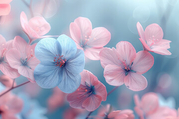 Beautiful blue flowers with a pink background. Created with Ai