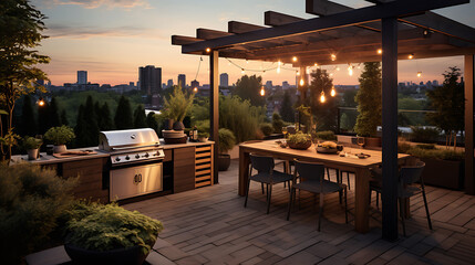 Rooftop terrace with outdoor kitchen and pergola,